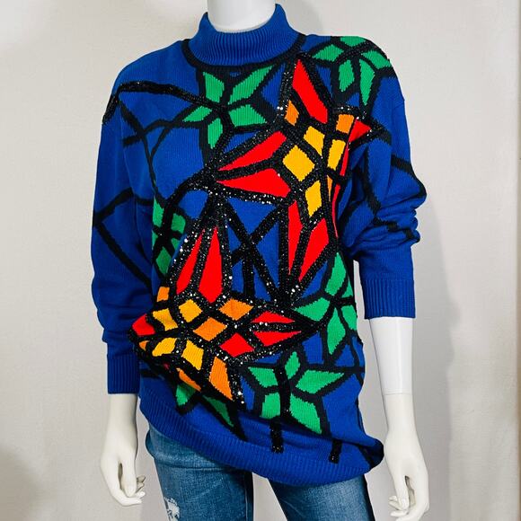 Knit Sweater Women's Medium Blue Church Stained Glass 80s Vintage Art To Wear - Picture 1 of 15